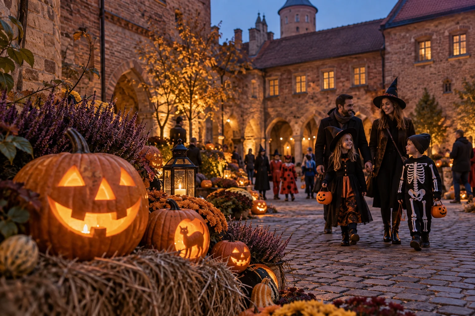 Familles déguisées et citrouilles dans une cour de château en Pologne pour Halloween