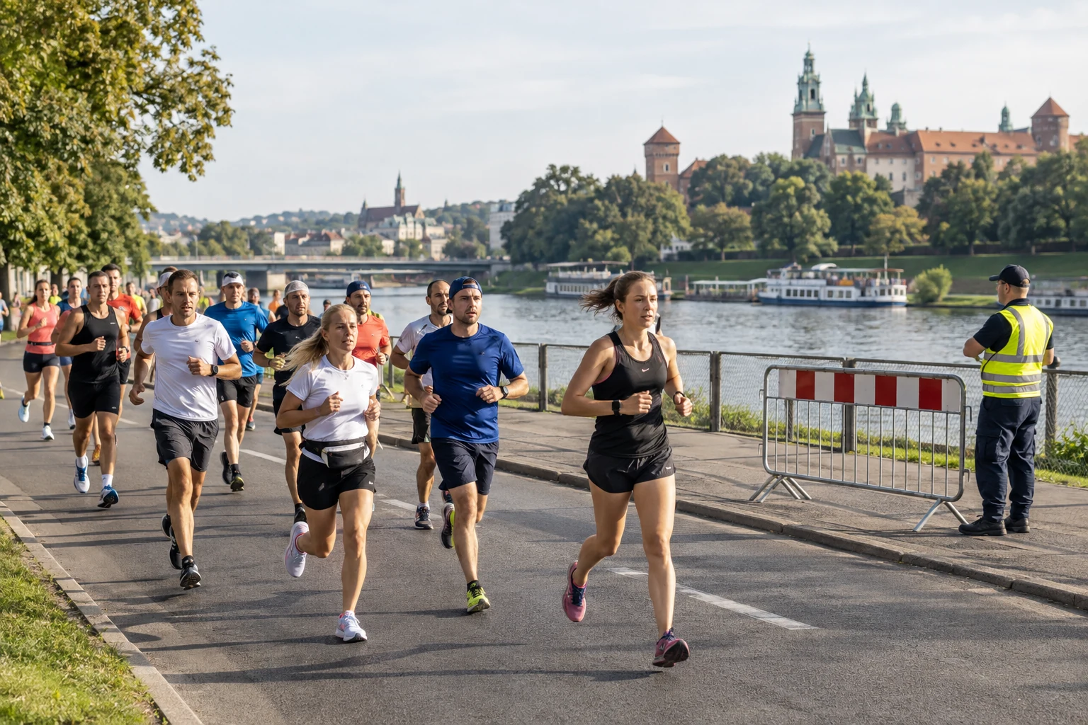 Coureurs participant à une course organisée au bord de la Vistule à Cracovie