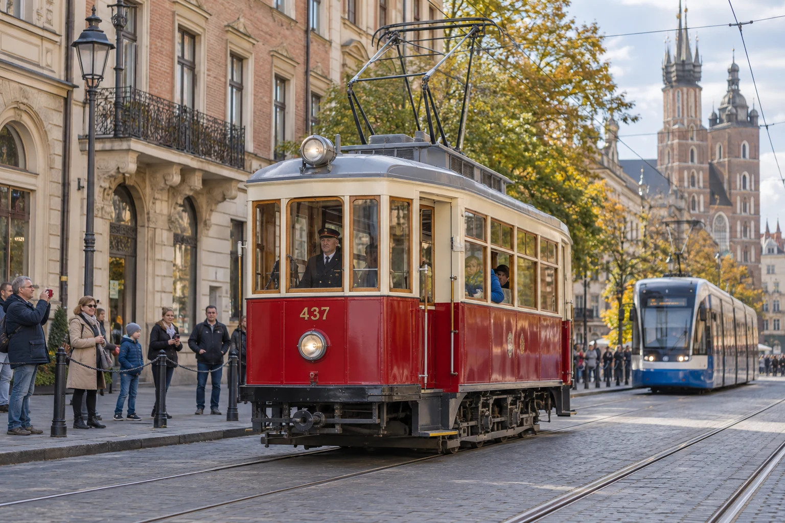 Tramway historique rouge et crème circulant dans le centre de Cracovie