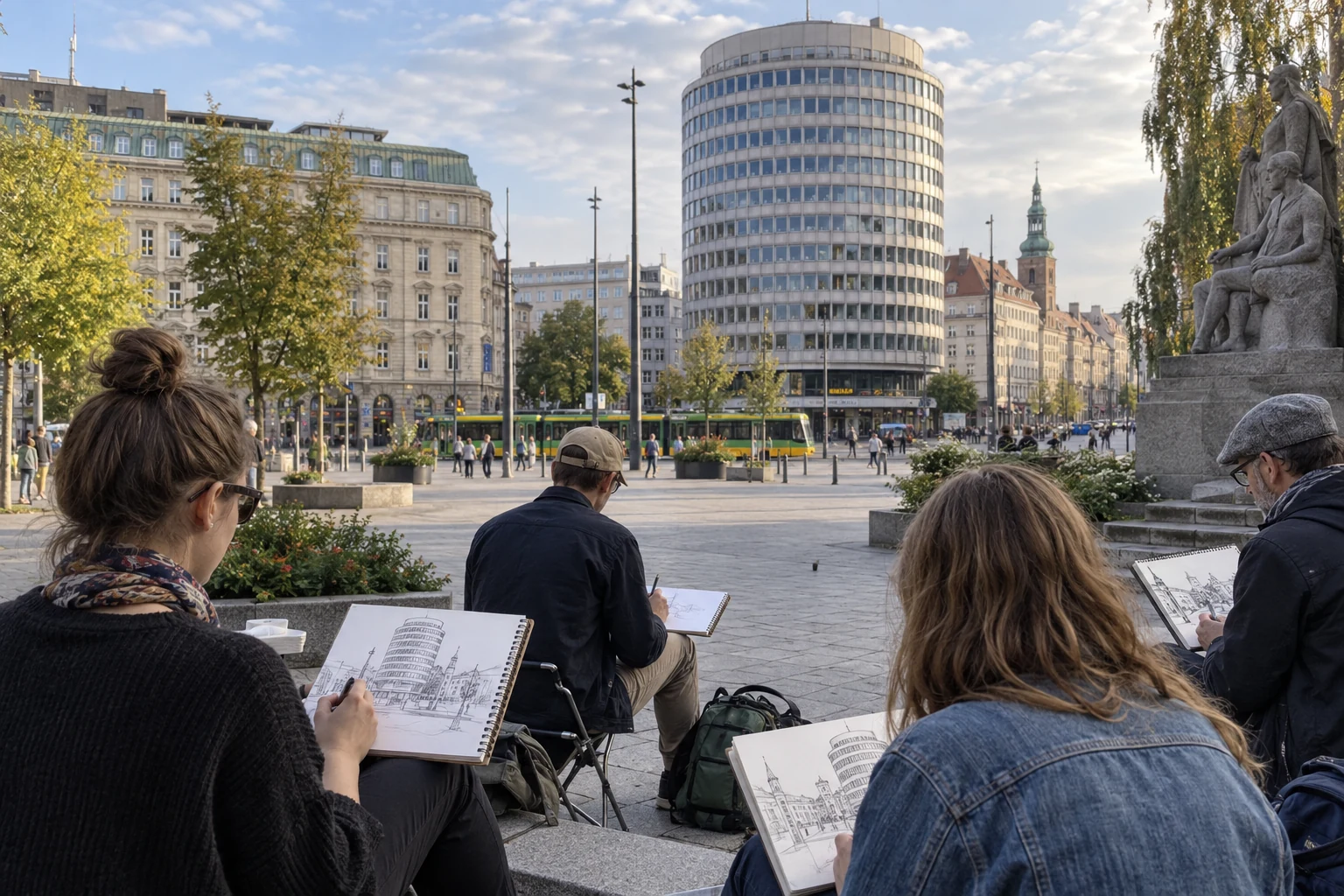 Dessinateurs devant l’Okrąglak de Poznań lors d’une promenade artistique