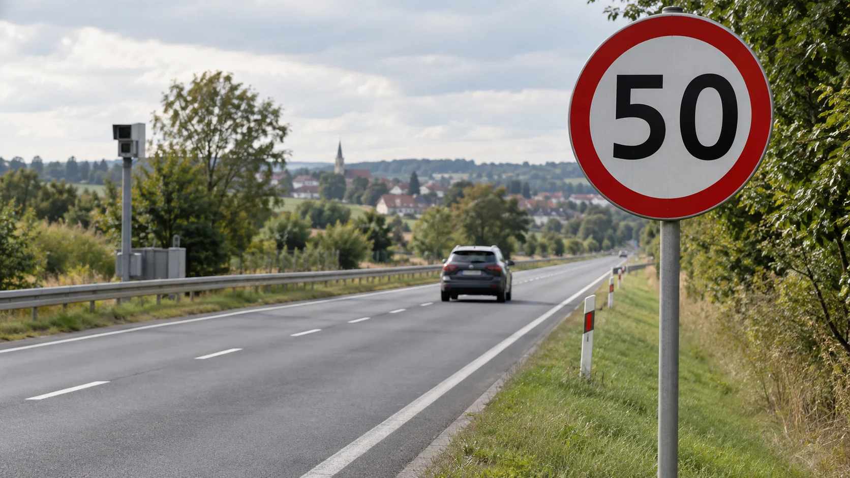 Route en Pologne avec un panneau de limitation à 50 km/h