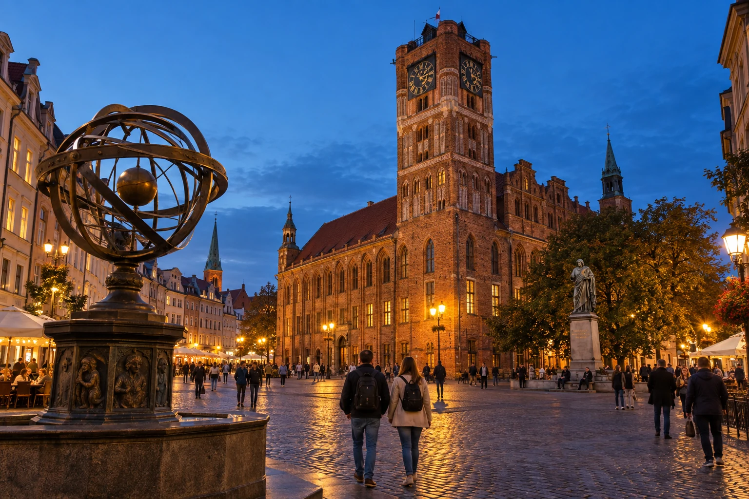 Vue illustrée de Toruń au bord de la Vistule avec la vieille ville et Copernic